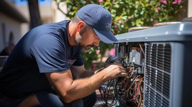 Technician repairing air conditioning unit